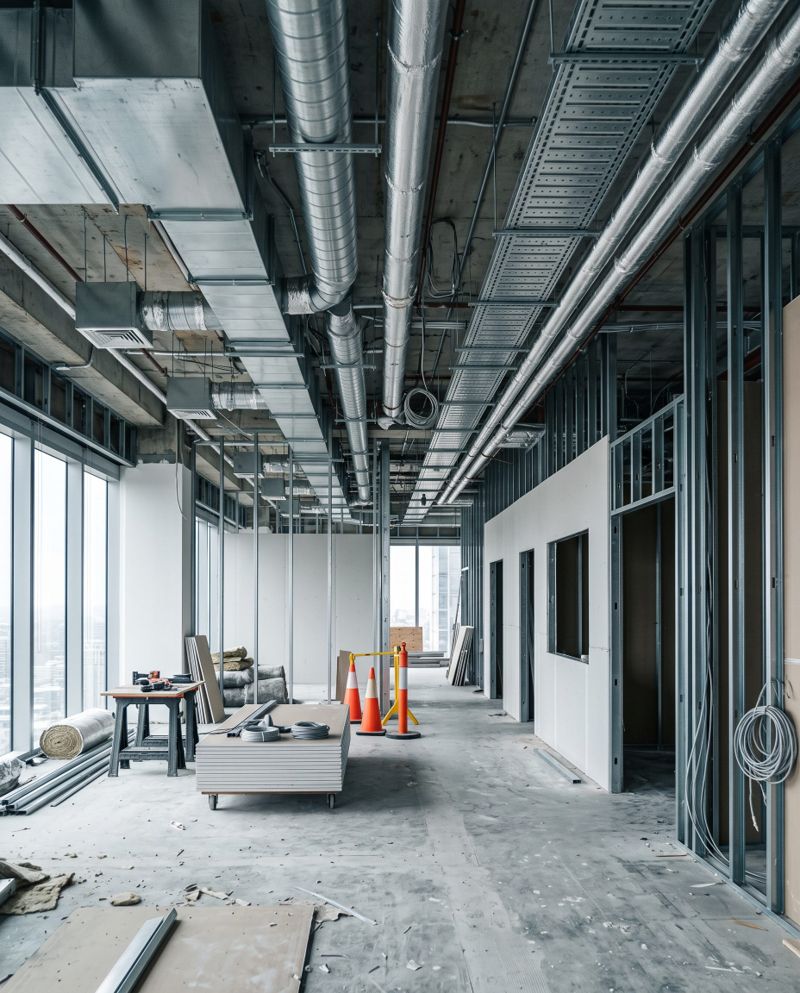 Obra corporativa em andamento com estrutura e instalações aparentes
